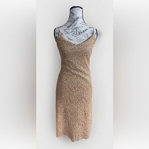 Vintage 90's Y2k Betsey Johnson New York Gold Metallic Lace Bodycon Slip Dress